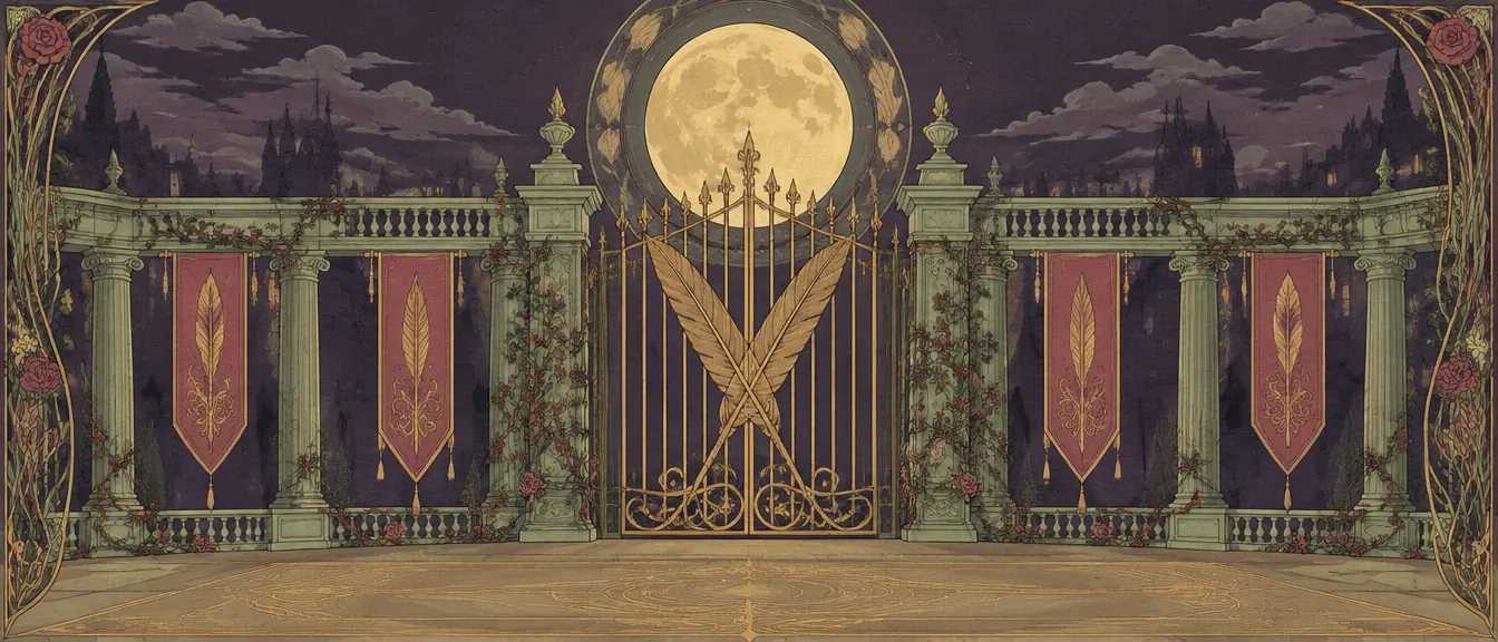Backdrop istana Lord Chamberlain di bawah bulan, gerbang besi berbentuk pena bulu